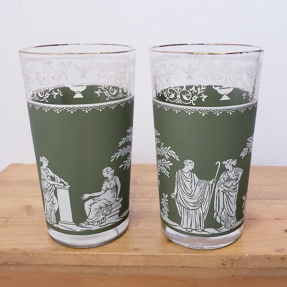 Set of Two (2) Wedgwood Green White Jeanette Jasperware Glasses Greek Goddess